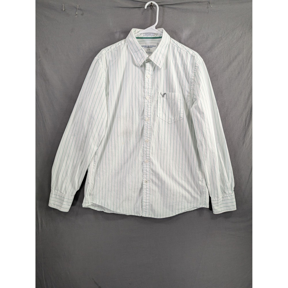American Eagle Mens Large Vintage Fit Striped Button Down Shirt White Green